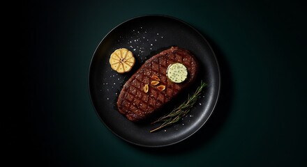 Grilled Steak with Garlic Butter and Thyme on Dark Background