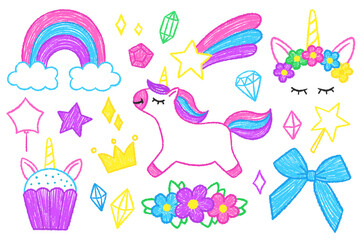 Unicorn, bow, crown, diamonds, rainbow. Vector illustration with pastel and chalk texture