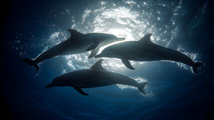 Fototapeta premium Three dolphins silhouetted against sunlight underwater. Majestic marine mammals swimming gracefully in the ocean depths.