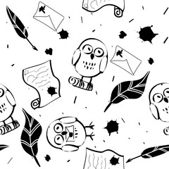 Magic quill owls and parchment pattern seamlless textile design
