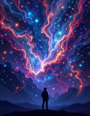 Obraz premium subject silhouette at the bottom under backlit seamless celestial nebula of swirling stardust and cosmic gases background texture, 8k tile with copy space at the top.