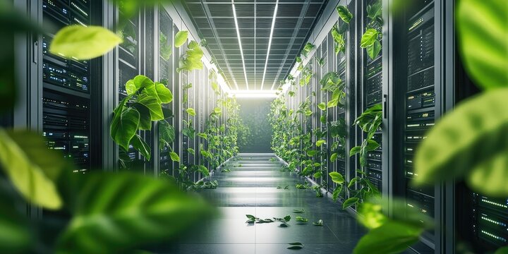 Green server room, lush foliage covers rows of metal racks