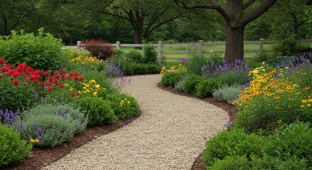 Fototapeta premium Serene Garden Path Landscaping Design with Colorful Flowers and Gravel Walkway
