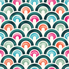 Seamless Retro Arch Pattern. Grainy Texture geometric wave. Colorful Creative Arcs circle. Mid Century Minimal repeated Sea background. © drilling in the dark