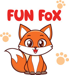 A cartoon fox with orange fur and a white tail sitting below the words fun fox and paw print designs