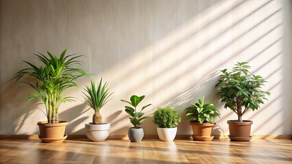 Indoor home scene with plants in pots. Sunlight casts shadows on light wooden surface, wall. Minimalist design with clean lines, empty space. Ideal for zoom background home decor inspiration. Fresh
