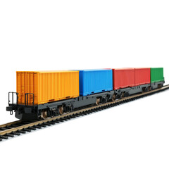 Obraz premium Colorful freight train with containers on tracks, showcasing vibrant colors and industrial design. train represents transportation and logistics in modern setting