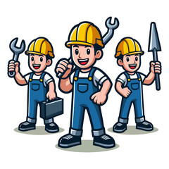 Flat Vector Cartoon Builder Mascot Character Holding Toolbox in Uniform for Construction Worker Manual Job Repair Project Logo Identity Branding Illustration Professional Design