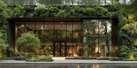 Fototapeta premium Modern Corporate Glass Building Reflecting Greenery Highlighting Sustainability and ESG Practices
