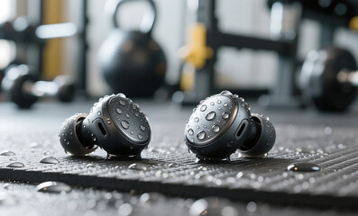 Modern Sweatproof Noise-Canceling Earbuds with Water Droplets on Dark Fitness Mat in Gym Setting