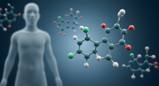 Molecular Structure of a Chemical Compound 3D Rendering of a Complex Molecule with Human Silhouette in Background, Illustrating Scientific Research and Medical Applications - Powered by Adobe