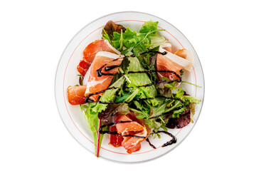 Salad meat jamon green lettuce leaf appetizer food fresh gourmet food background on the table rustic food top view copy space