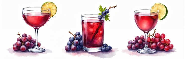 Watercolor illustration of cocktail drinks, grapes, lemon slices on white background. Drinks set includes various cocktails wine glasses. Ideal for restaurant menu design bar poster print.