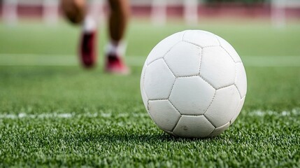Soccer Ball on Field with Player Approaching.