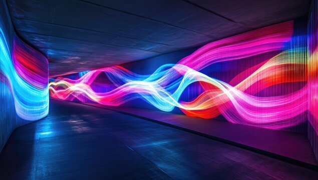Neon light tunnel, vibrant colors, futuristic