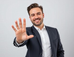 Portrait of businessman on white background. Smiling man in a suit extends hand forward, conveying a welcoming gesture against a neutral background.