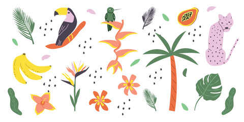 Summer tropical set. Wild animal, birds, cheetah, hummingbird, toucan, plant, palm, flowers. Collection for vacation and travel web design. Vector illustration
