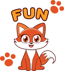 Cartoon fox sitting with fun text and paw prints in orange color on a white background illustration