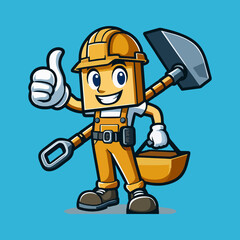 Fototapeta premium Builder Mascot Character in Bright Uniform with Safety Equipment and Tools Standing on Site for Construction Worker Manual Labor Repair Job Logo Design Identity Vector Illustration