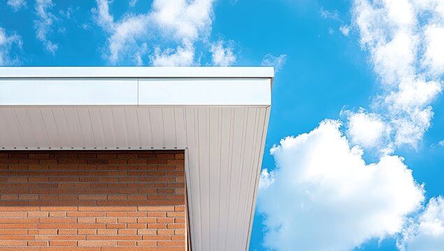 Exterior corner of a building with a white metal roof edge against a bright blue sky with fluffy white clouds