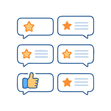 Professional cutout six speech bubbles star rating thumbs up design elements