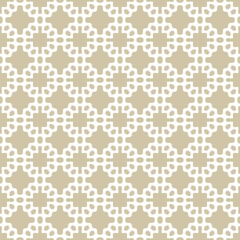 Simple abstract seamless ornament. Golden geometric pattern with dots, spots, curved shapes, grid. Gold and white background texture. Repeating all-over geo design for decor, textile, wallpaper, print