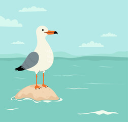 Beautiful Seabird Seagull stands on Rock in calm sea water. Seascape with turquoise water and sky with clouds. Vector illustration. Square poster with marine nature and bird