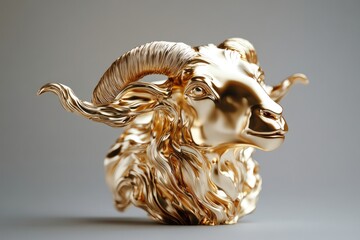 An 18k gold brooch, liquid flows to form a majestic sheep's head, liquid dynamics and layered sculptures, overall gold, silk-like brushed metal surface, abstract art style, gray gradient background