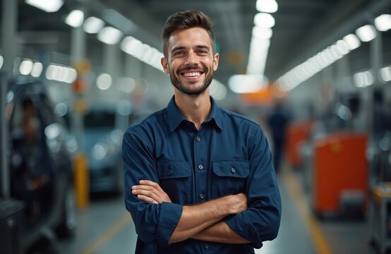 Smiling young man poses in automotive factory. Caucasian professional wearing blue uniform with crossed arms. Worker at auto assembly line, auto tech, skilled labor, quality control. Modern - Powered by Adobe