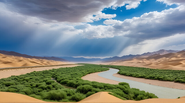 Nature and landscapes of seasonal river and valleys in dasht e lut or sahara desert with cloudy sky