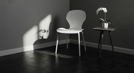 Monochrome Interior Corner with Wall-Hung Chair and Pedestal