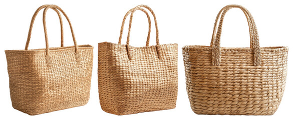 PNG Three woven straw bags with sturdy handles in various sizes element set on transparent background.
