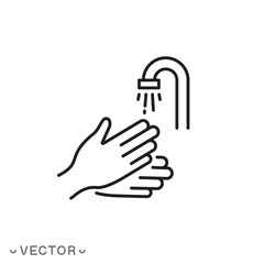 wash hands icon, washing hand concept, thin line symbol isolated on white background, editable stroke eps 10 vector illustration