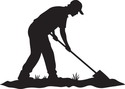 Farmer Hoeing the Soil Silhouette Vector Illustration on Transparent Background