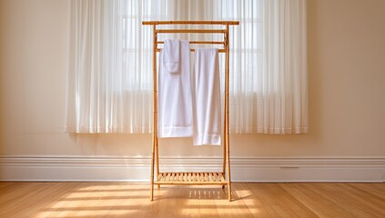 White towels on bamboo drying rack