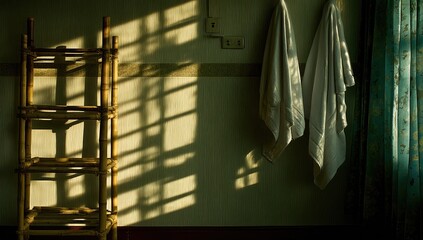 Sunlight casts shadows on a bamboo shelf and towels