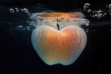 a glowing frosty apple is sinking under the bleak unfathomable seawater, with a beautiful tracing of bubbles going upward, illustrating the delicate beauty of movement 