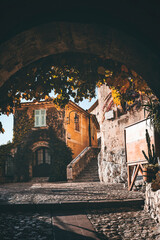 street view in the old town of eza village in cote d'azul, france, on a quiet sunny day. tree and leaves foreground
