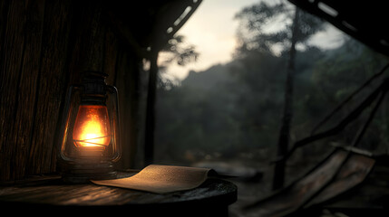 Fototapeta premium Warm Lantern Light In Rustic Wooden Cabin