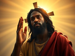 Dramatic Portrait of African Descent Man with Radiant Light and Religious Theme