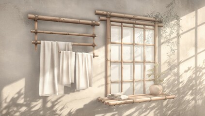 Bamboo towel rack and window