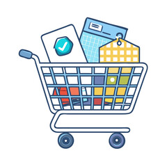 Shopping cart filled with online shopping items, isolated cutout, transparent background