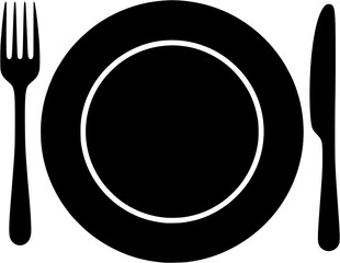 Black Silhouette of Plate with Fork and Knife Cutlery Icon