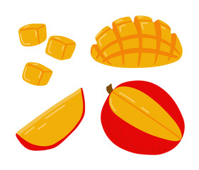 Mango fresh tropical exotic fruit. Sliced, cut, peeled fruit. Vector hand-drawn illustration, isolated on white background.