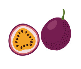Passion fruit. Maracuja tropical exotic fruit. Whole, half and piece. Vector hand-drawn illustration, isolated on white background.
