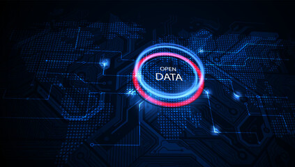 futuristic digital background featuring a glowing Open Data circle over a world map with circuit patterns and data nodes, symbolizing global data connectivity.vector eps10