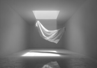 White fabric floats in a minimalist space