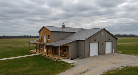 Rural barndominium home with large yard
