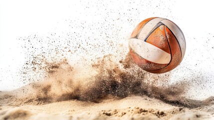 An orange and white volleyball hits sandy ground, kicking up a dramatic burst of sand against a white background.