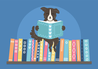 Cute dog reading book on bookshelf. Pet holding book.